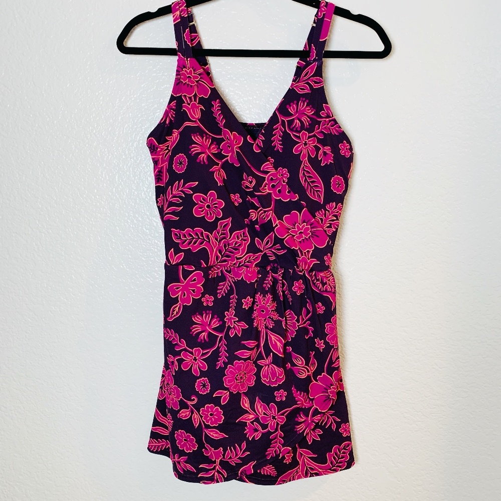 Land's End One Piece Swim Dress 1X Tulip Wrap Blackberry Ornate Floral Print